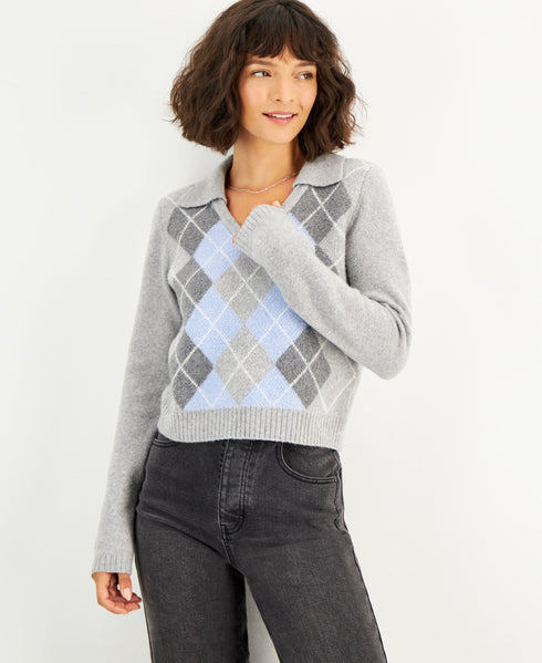 Juniors' Polo-Collar Preppy Argyle Sweater